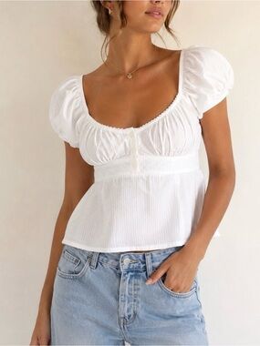 Brandy Melville Short Sleeve Babydoll Top White Puff Sleeve
